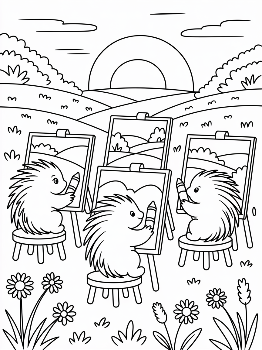 Open meadow with porcupines sketching sunset landscapes - Free Coloring Page