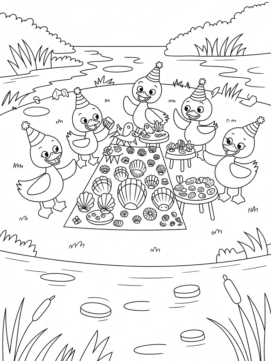 Riverbank with ducks hosting a seashell festival - Free Coloring Page