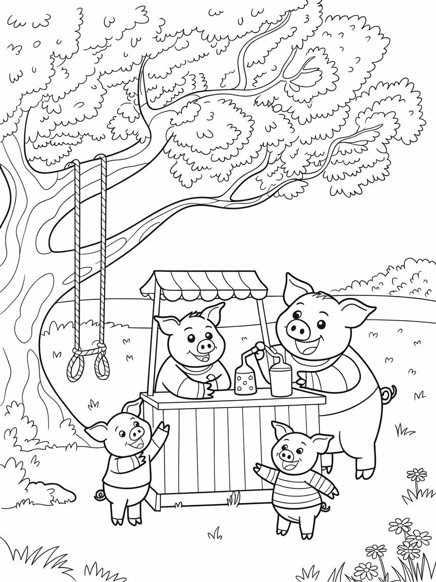 Tree swing with a pig family enjoying a lemonade stand - Free Coloring Page