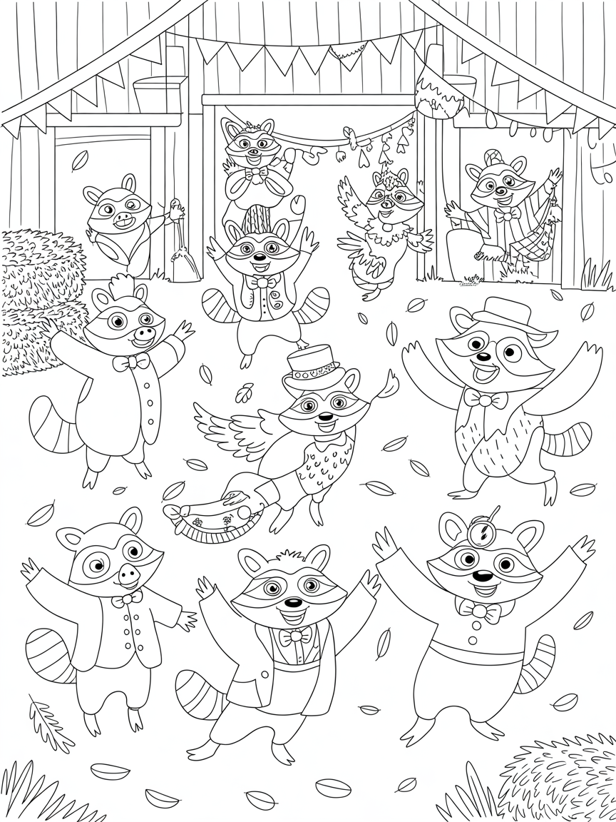 Raccoons hosting a barnyard masquerade ball - Free Coloring Page
