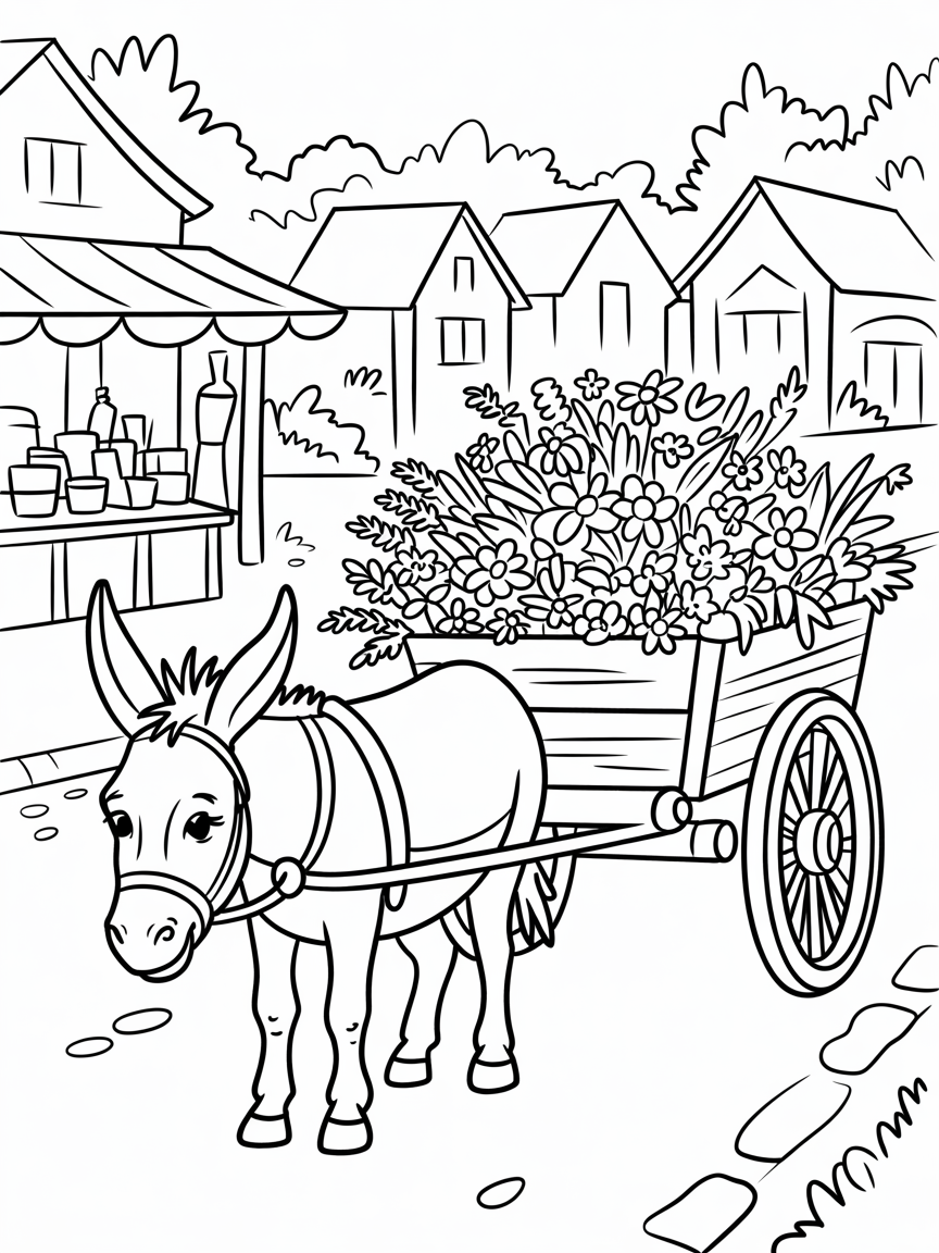 Donkey cart delivering flowers to a village market - Free Coloring Page