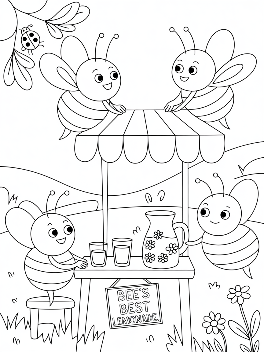 Bumblebees operating a tiny countryside lemonade stand - Free Coloring Page