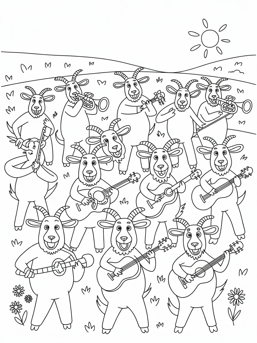 Goats playing musical instruments in a pasture band - Free Coloring Page