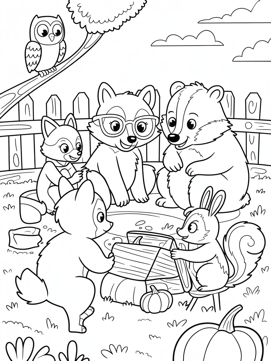 Woodland animals gathered for a barnyard storytelling - Free Coloring Page
