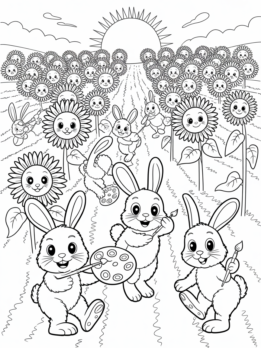Field of sunflowers with rabbits painting smiley faces - Free Coloring Page