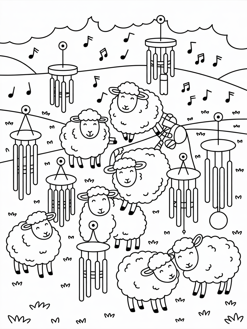 Sheep turning wind chimes into a melodious symphony - Free Coloring Page