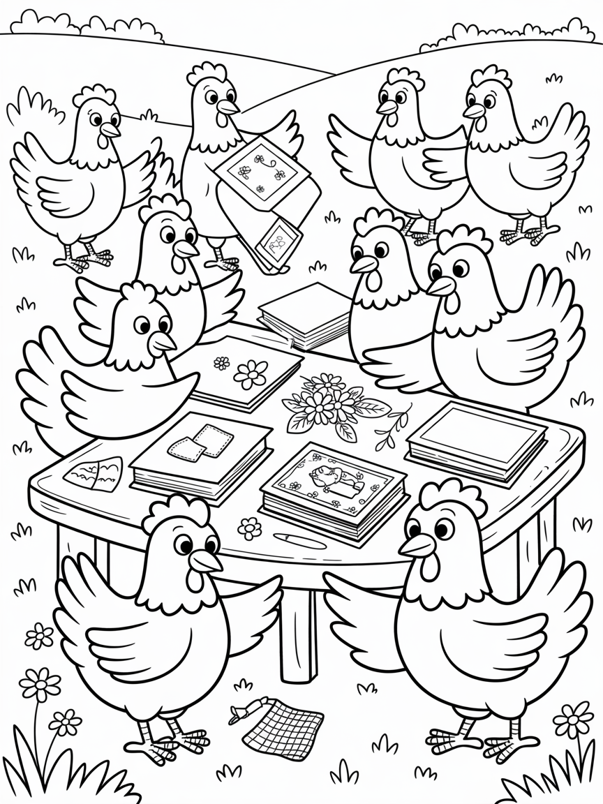 Chickens organizing a country-style scrapbook festival - Free Coloring Page