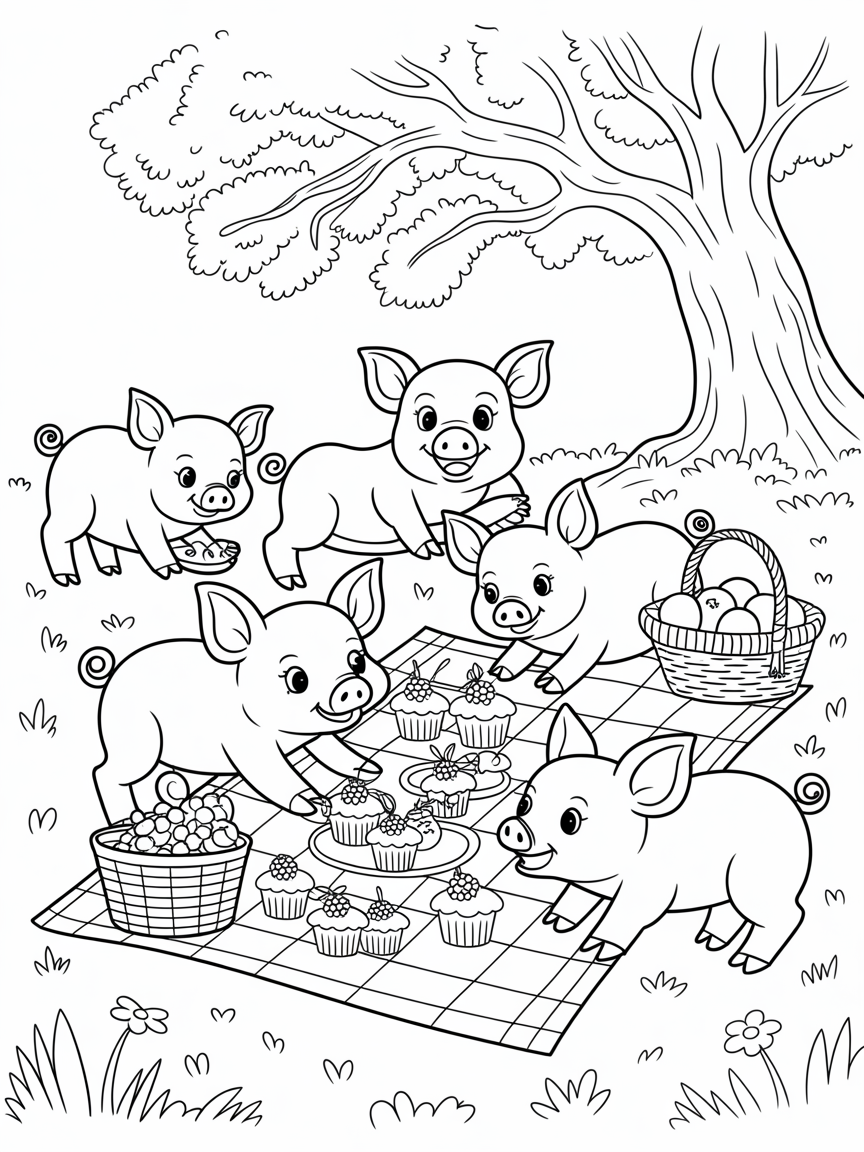 Piglets enjoying a picnic with berry-topped cupcakes - Free Coloring Page