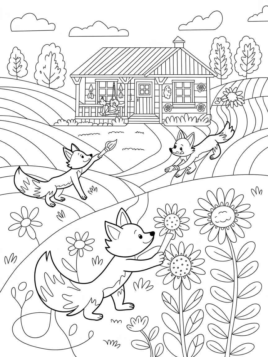 Rural cabin with foxes painting flower murals - Free Coloring Page