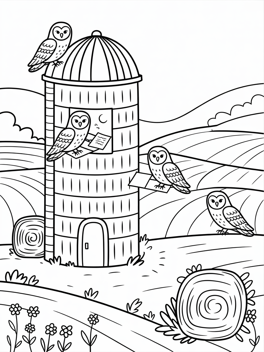 Barnyard silo with barn owls sketching moonlit scenes - Free Coloring Page