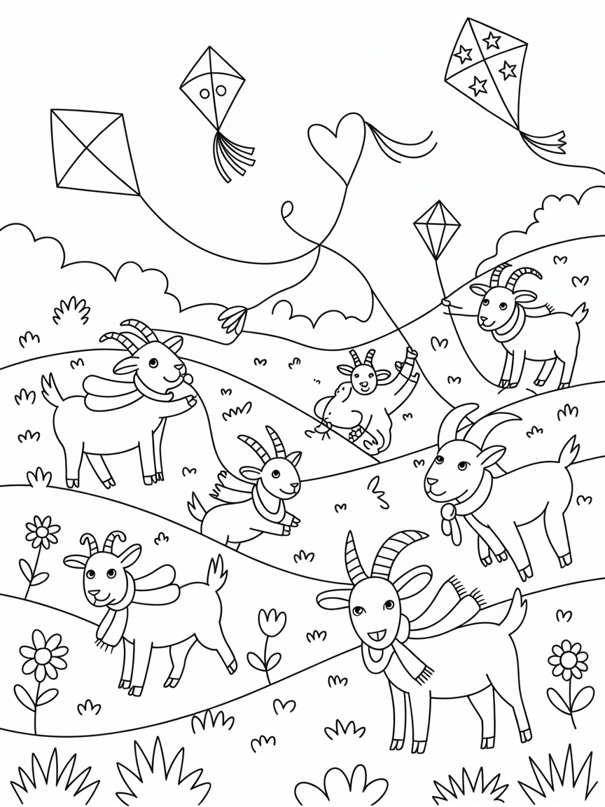 Windy meadow with goats launching decorative kites - Free Coloring Page