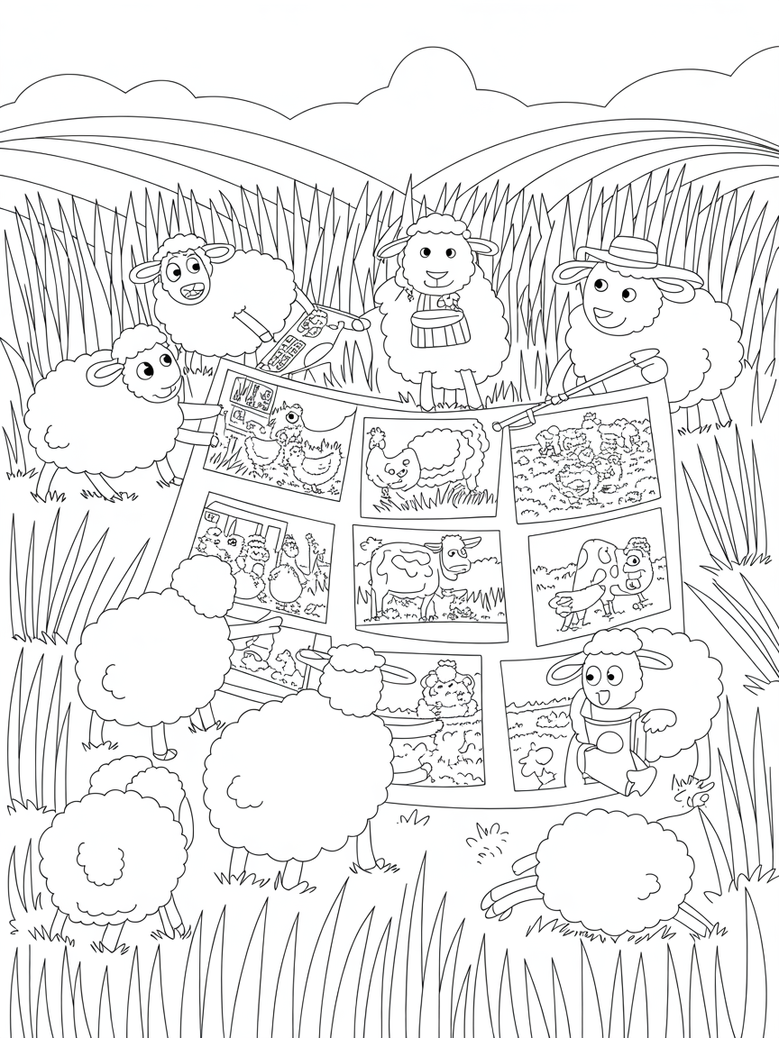 Storyboard in a farm field with sheep creating comics - Free Coloring Page