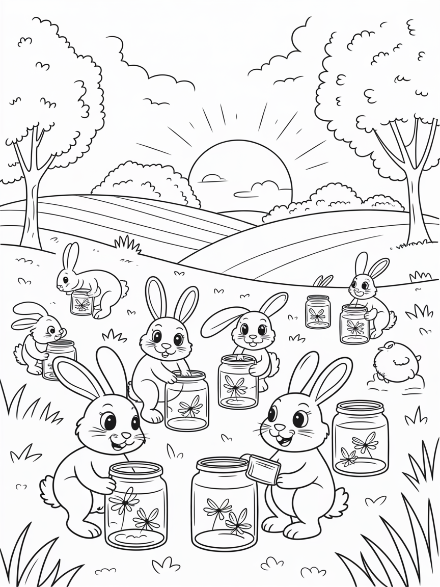 Countryside sunset with rabbits collecting fireflies in jars - Free Coloring Page