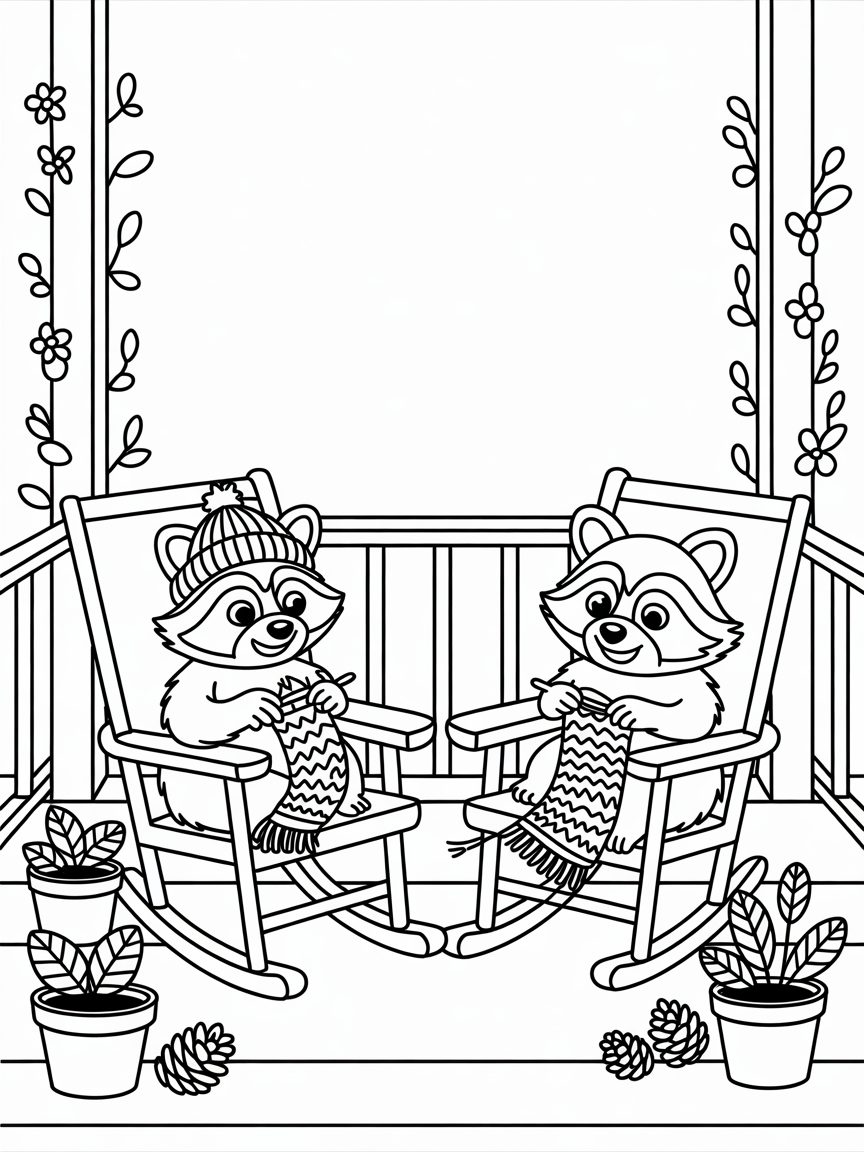 Porch rocking chairs with raccoons knitting scarves - Free Coloring Page