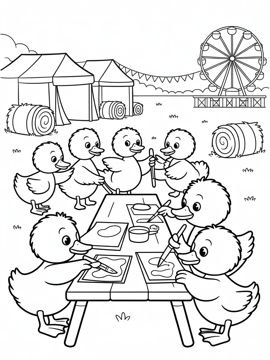 Country fair scene with ducklings painting watercolor postcards - Free Coloring Page
