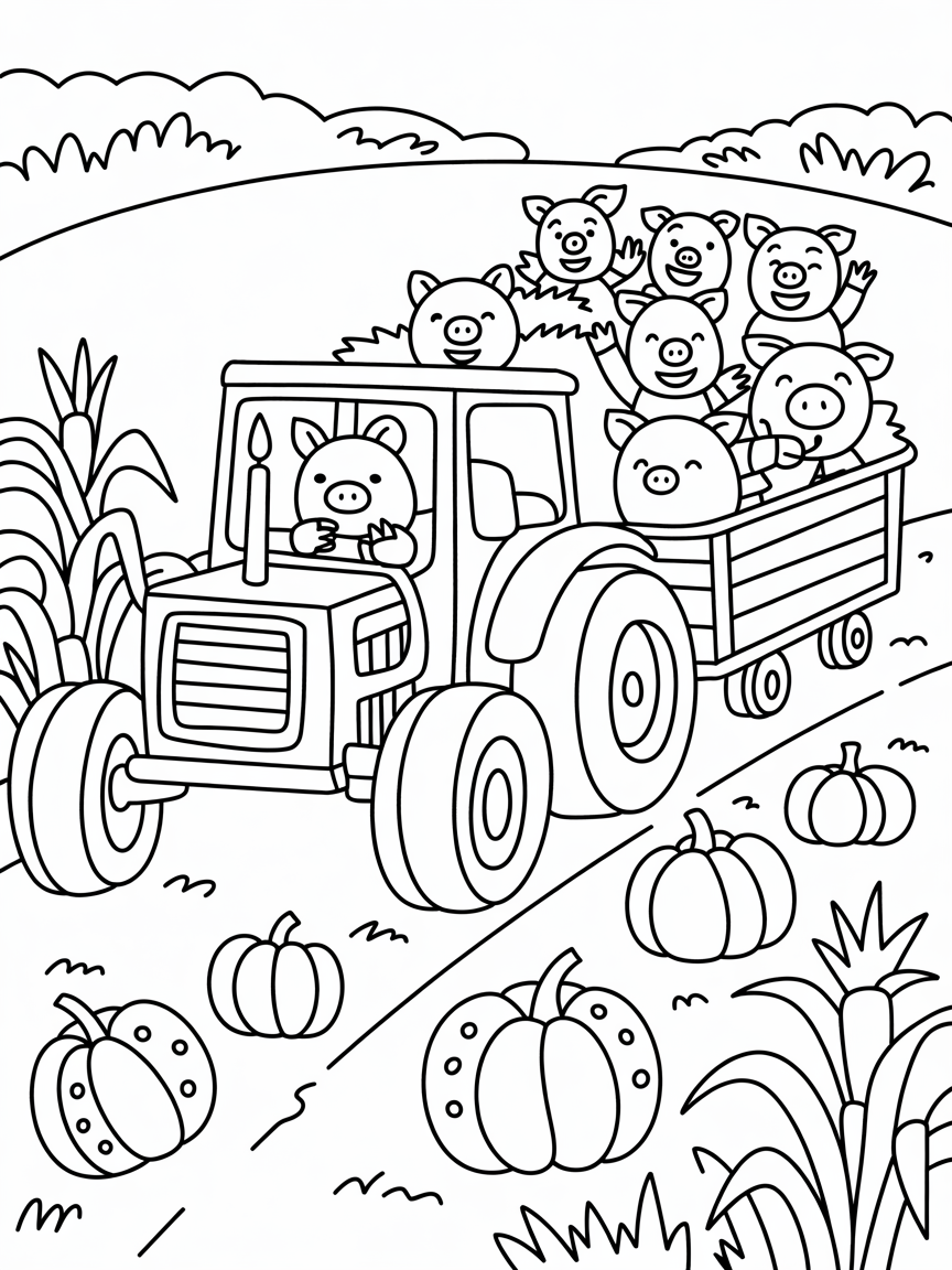 Tractor hayride with pigs on a pumpkin adventure - Free Coloring Page