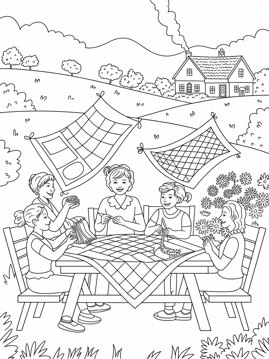 Countryside quilt-bee with quilts flapping in the wind - Free Coloring Page