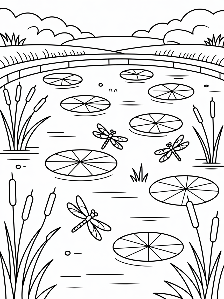Farm pond with dragonflies designing floating lily pads - Free Coloring Page