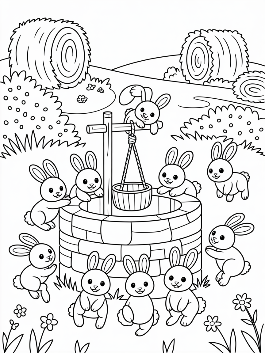 Farmyard wishing well surrounded by playful bunnies - Free Coloring Page