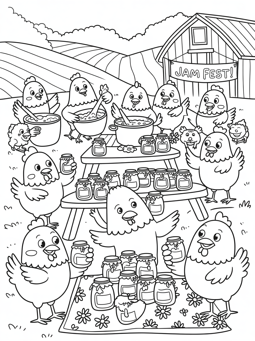 Chickens hosting a countryside jam-making festival - Free Coloring Page