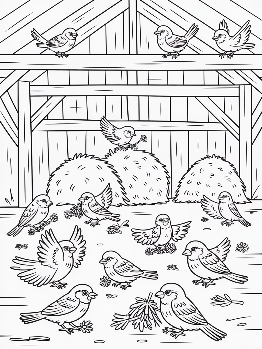 Barn rafters with sparrows crafting straw sculptures - Free Coloring Page