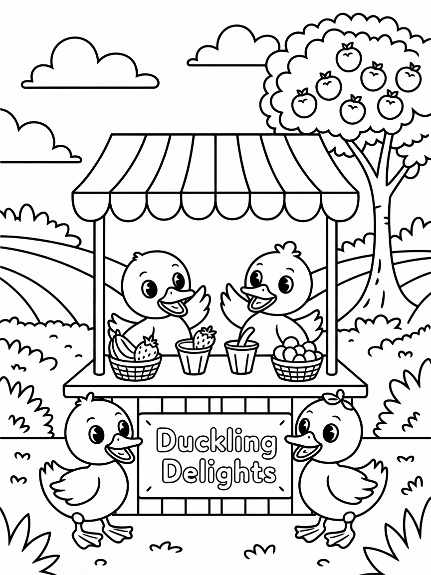 Ducklings operating a tiny countryside smoothie stand - Free Coloring Page
