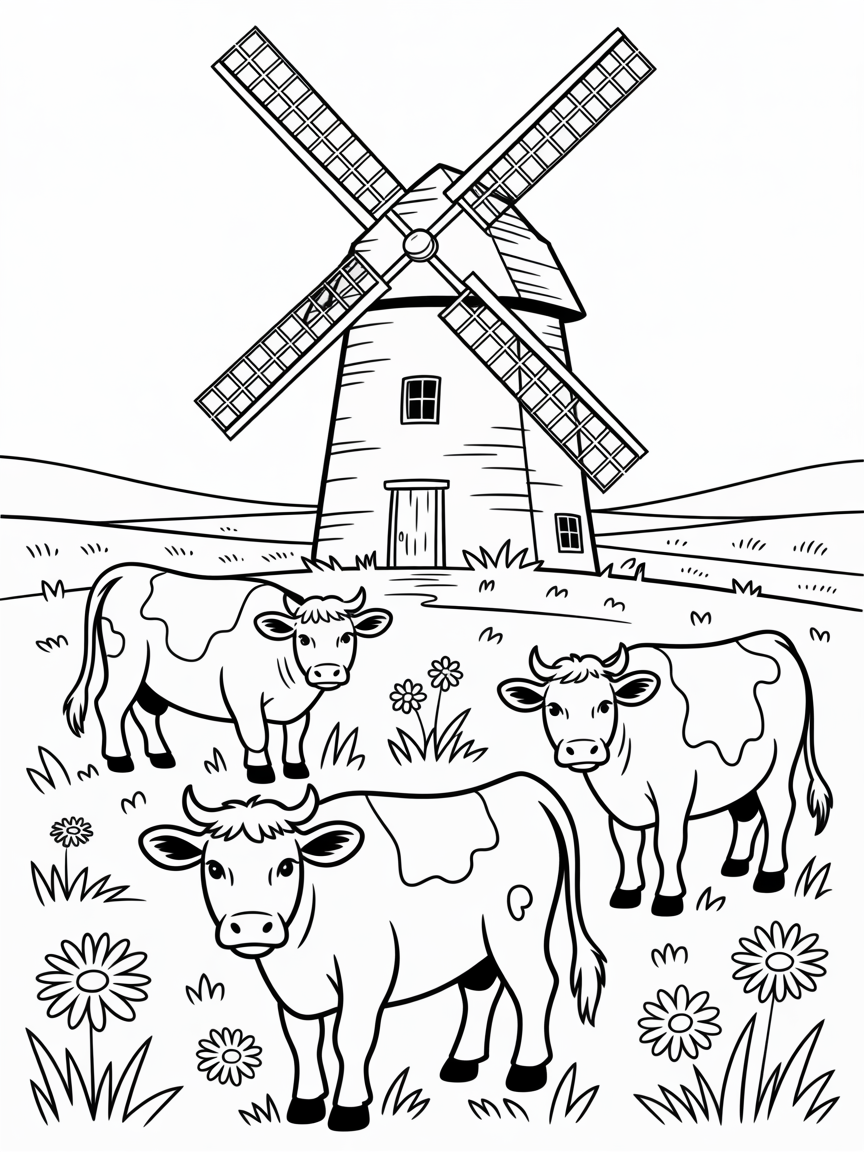 Rustic windmill with cows painting on canvas - Free Coloring Page