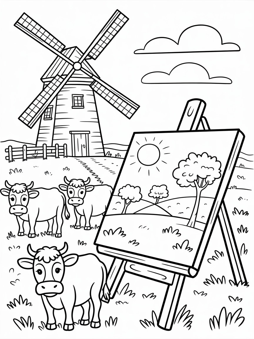 Rustic windmill with cows painting on canvas - Free Coloring Page