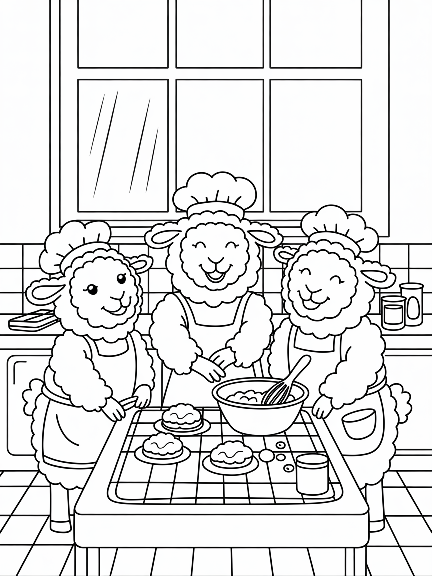 Sheep baking scones in a sunlit kitchen window - Free Coloring Page