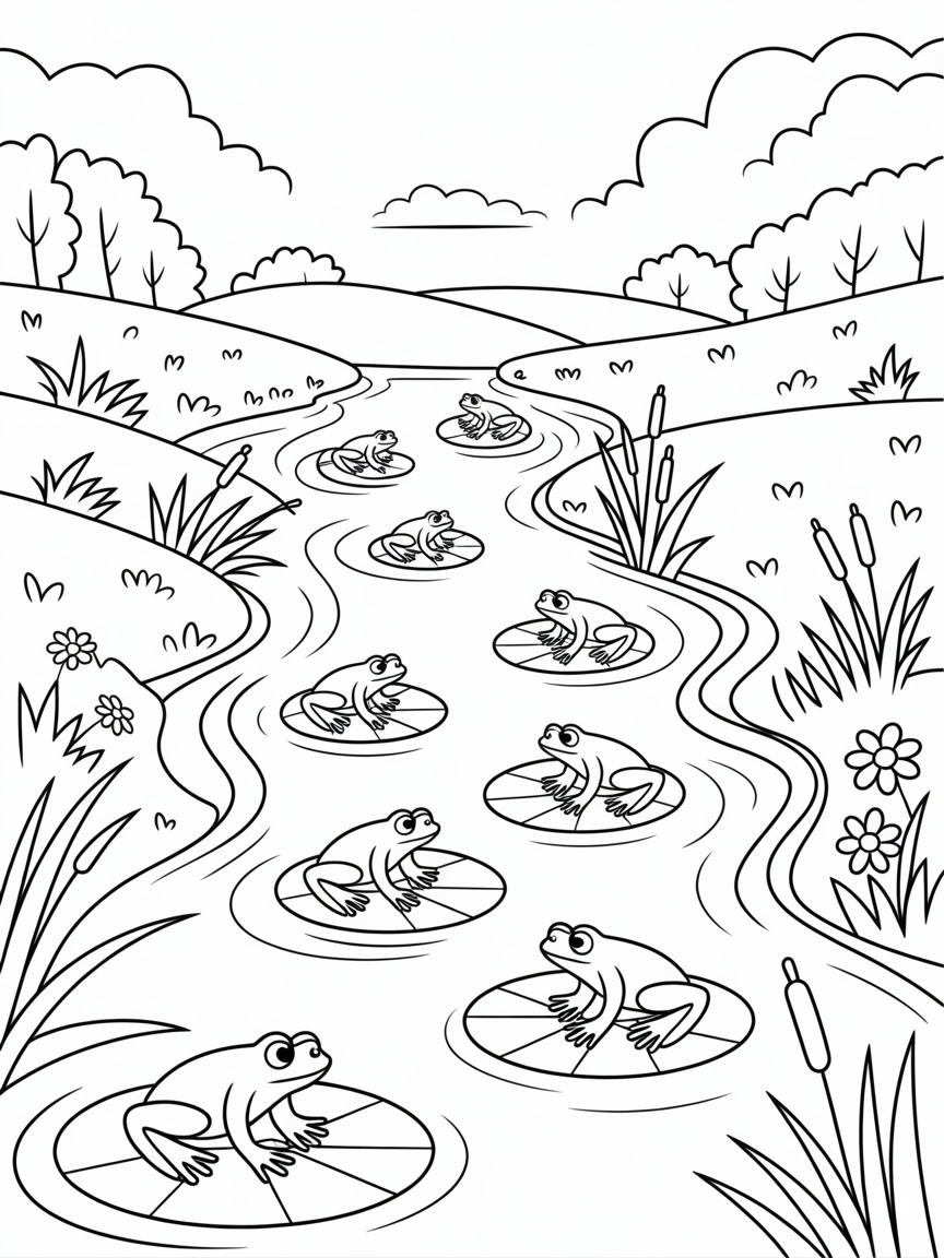 Country creek with frogs playing hopscotch on lily pads - Free Coloring Page