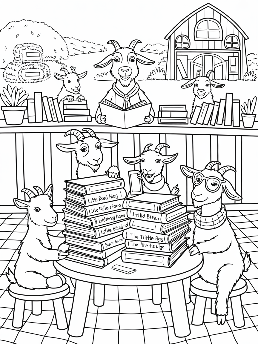Barnyard library with goats reading classic tales - Free Coloring Page