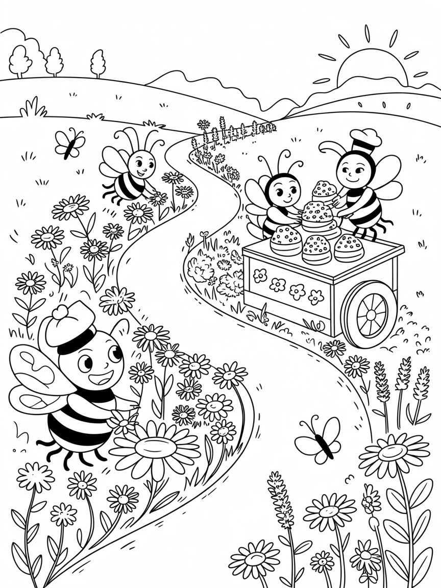 Wildflower path with bees selling pollen pastries - Free Coloring Page
