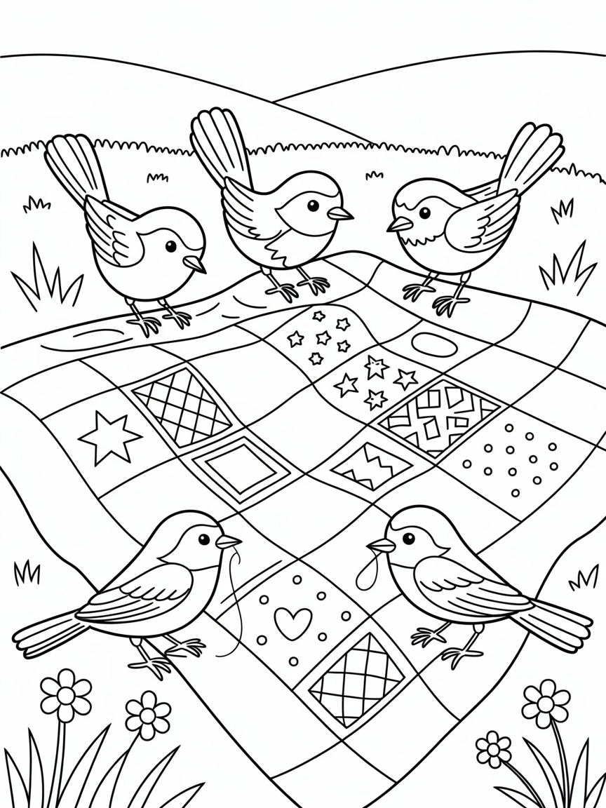 Country birds sewing quilted feather blankets - Free Coloring Page