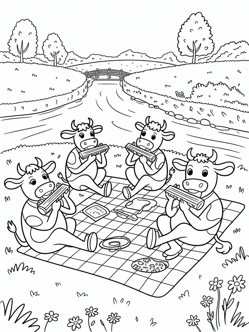 Riverside picnic with cows playing harmonicas - Free Coloring Page