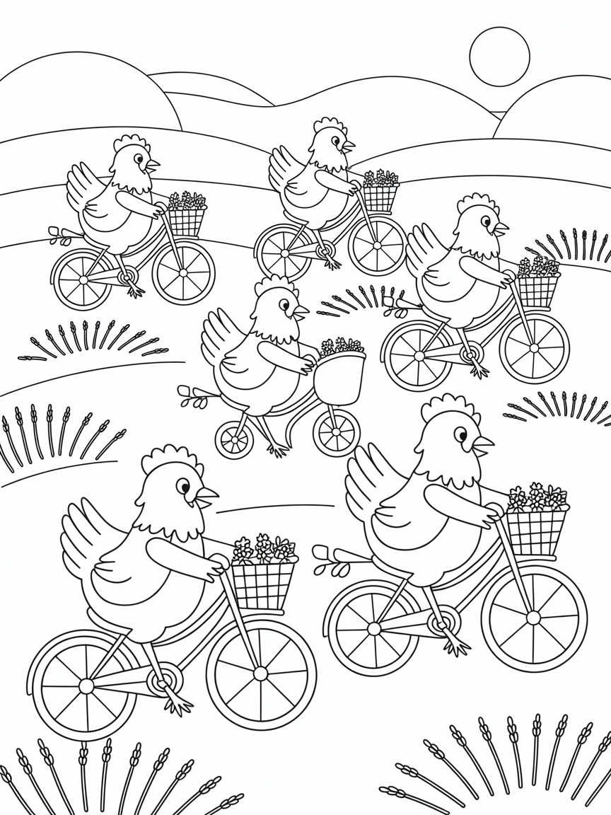 Hens riding bicycles through a lavender field - Free Coloring Page