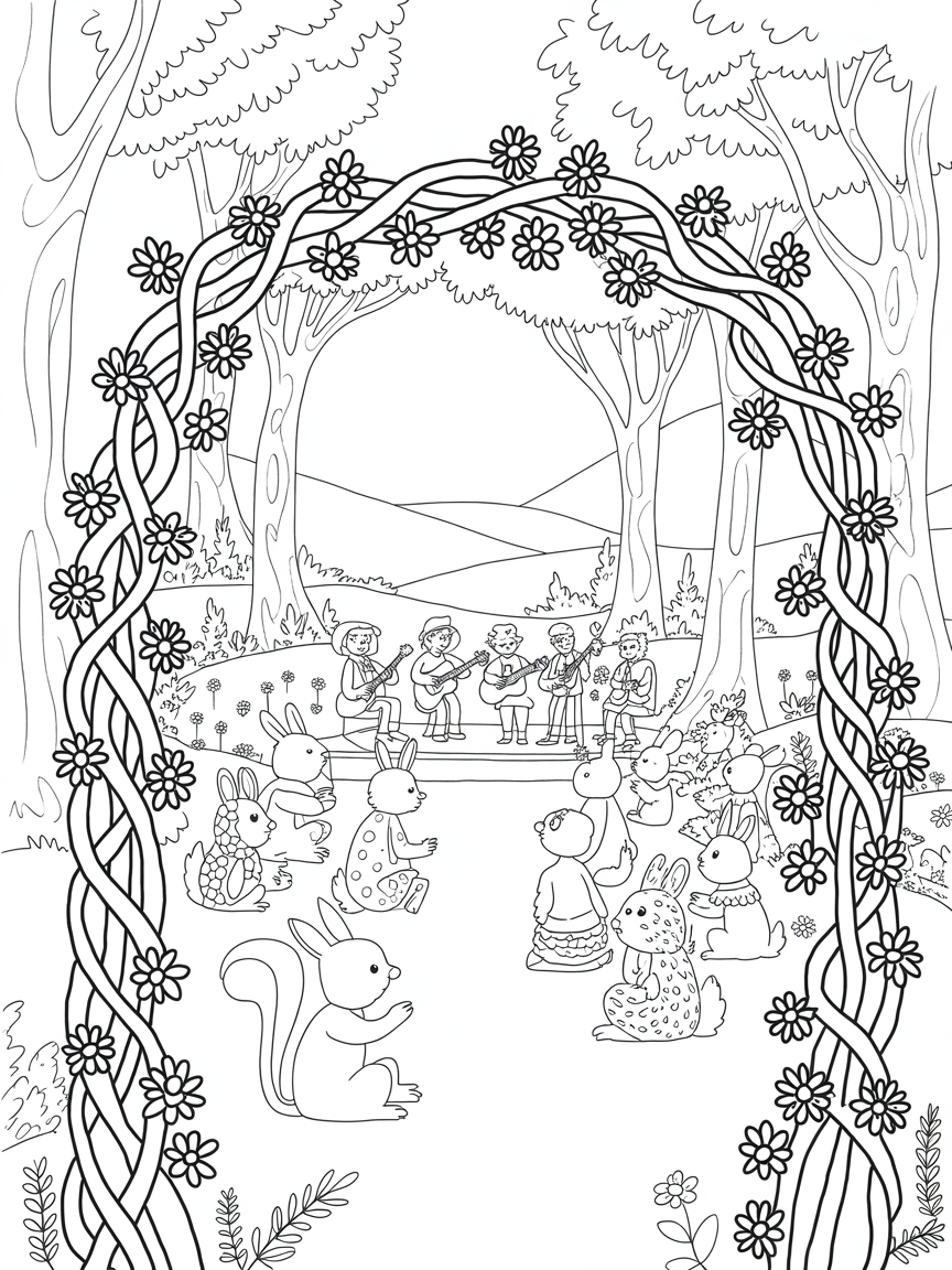 Woodbine archway leading to a secret forest concert - Free Coloring Page