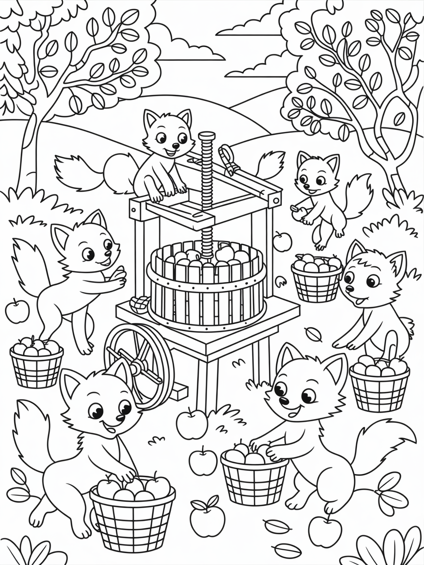 Cider press surrounded by playful apple-picking foxes - Free Coloring Page