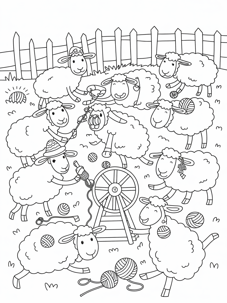 Farmyard sheep celebrating a yarn spinning festival - Free Coloring Page