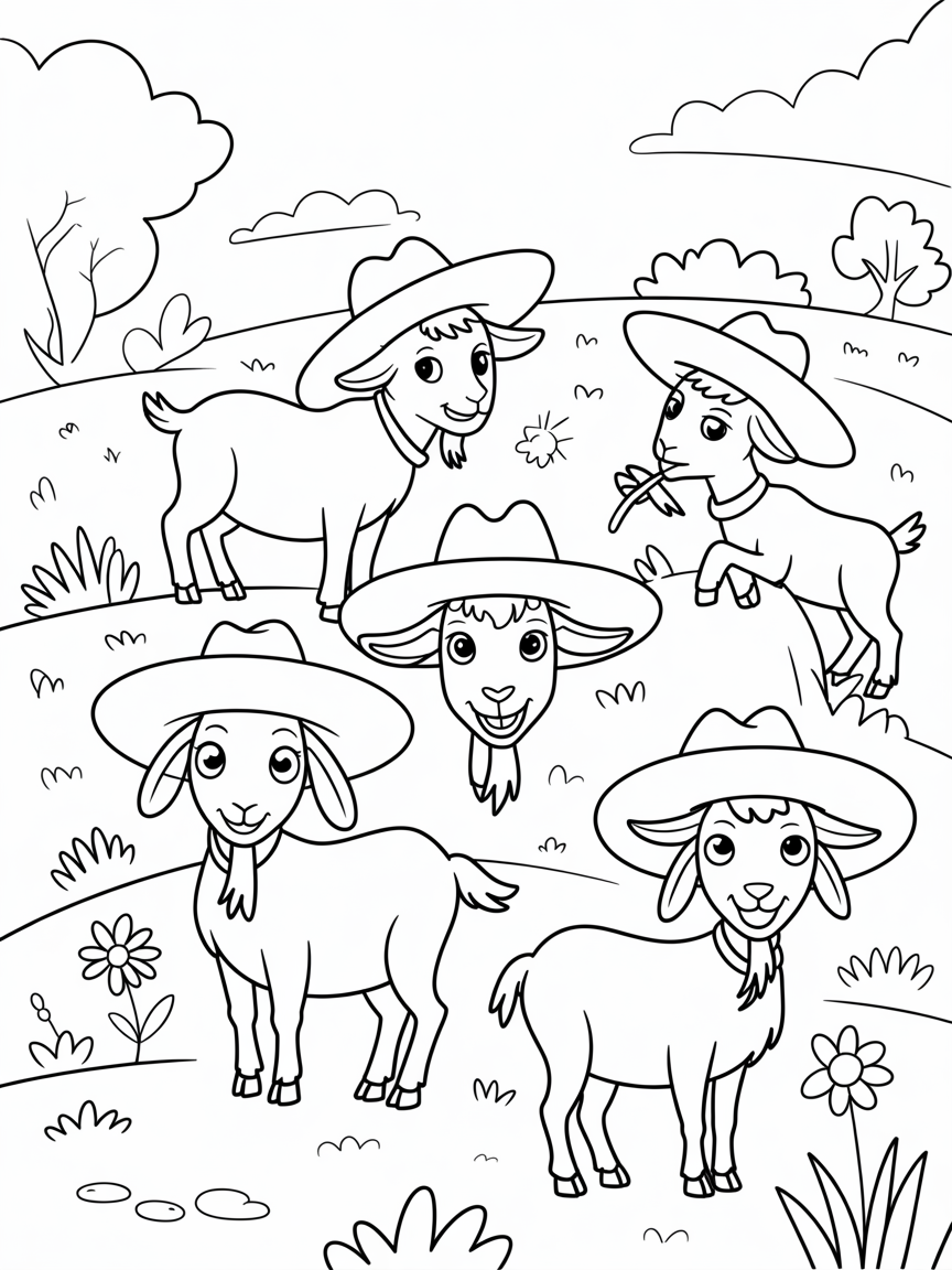 Cowboy hat-wearing goats on rolling hills - Free Coloring Page