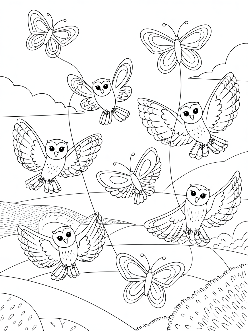 Butterfly kites flown by barn owl families - Free Coloring Page