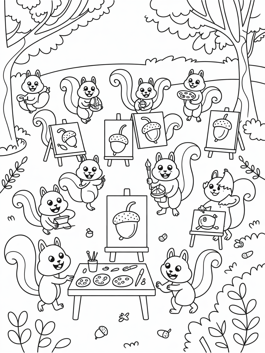 Country squirrels hosting an acorn art festival - Free Coloring Page