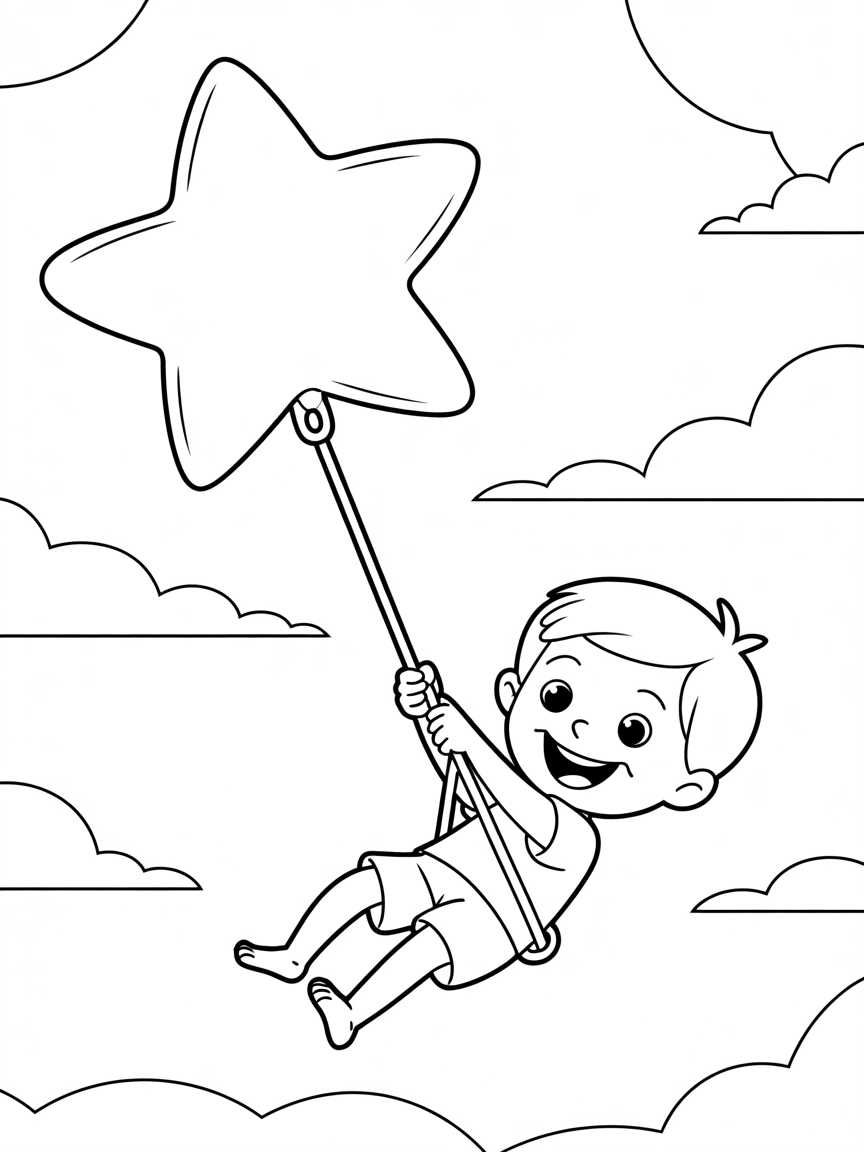 A boy swinging from a star - Free Coloring Page