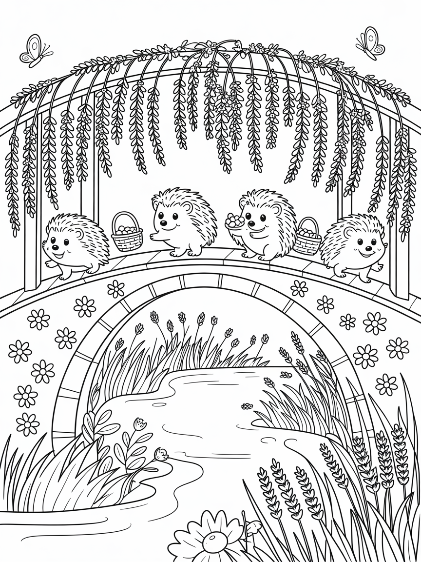 Lavender-wrapped country bridge with traveling hedgehogs - Free Coloring Page