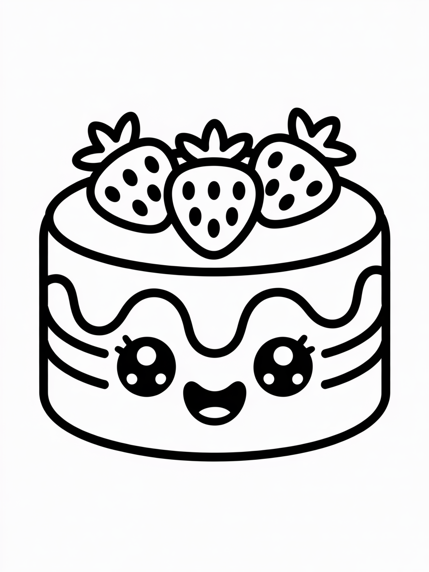 A kawaii strawberry cake with a cute smile and cute round eyes - Free Coloring Page