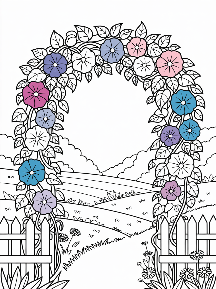 Meadow archway of twirling morning glories - Free Coloring Page