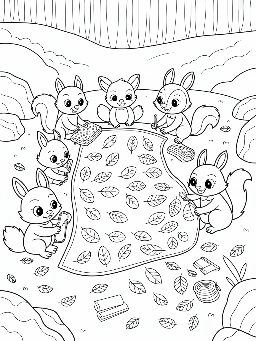 Woodland critters designing leaf-patterned quilts - Free Coloring Page