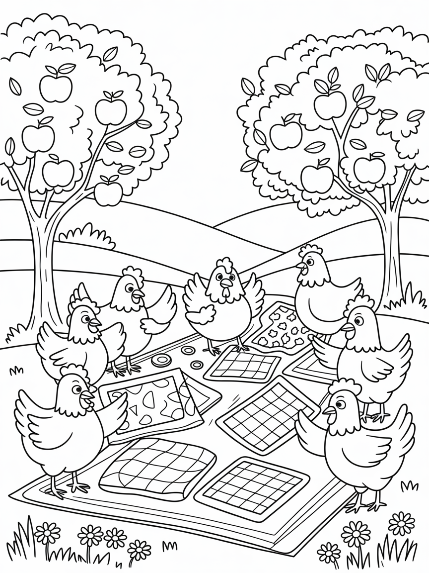 Chickens hosting a quilting bee under apple trees - Free Coloring Page
