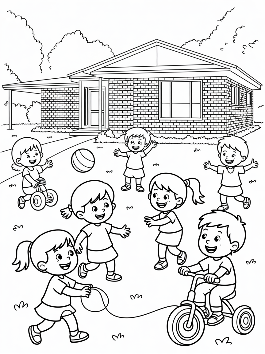 A family of 7 children, 6 girls and 1 boy. Playing in front of their 1960 brick home with a carport - Free Coloring Page