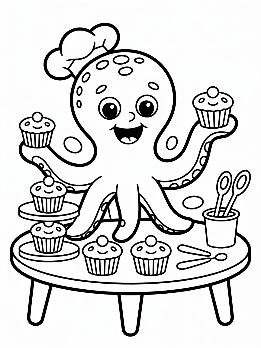 Friendly octopus baking cupcakes - Free Coloring Page