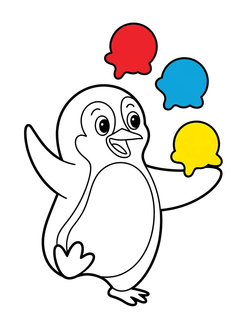 A penguin juggling colorful ice cream scoops - Free Coloring Page